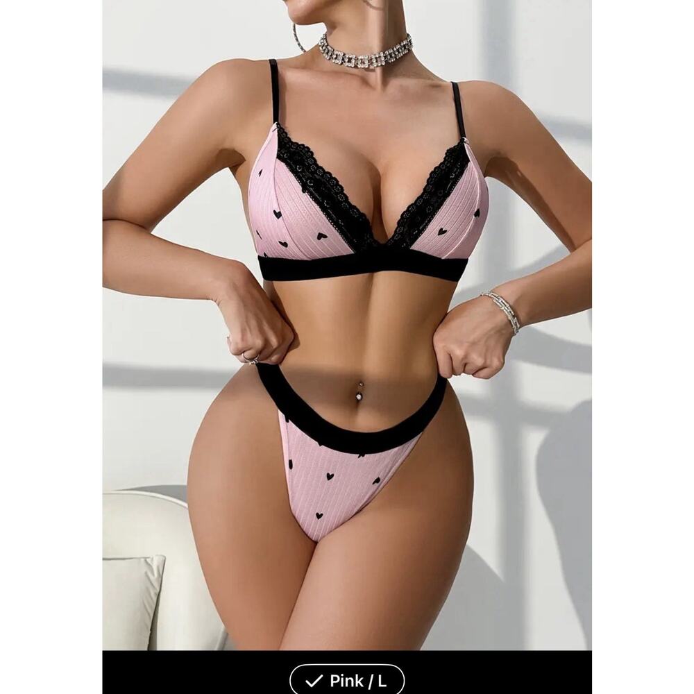 Two Piece Lingerie Set And Pink With Black Polkadots Size Large
